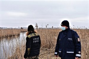 Funkcjonariusze stoją w rejonie rzeki Biebrzy.