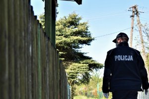 Policjant idzie wzdłuż alejki na terenie ogródków działkowych.