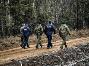 policjanci wspólnie z funkcjonariuszami straży granicznej idą po pasie granicznym gdzie rozpoczęło się przygotowanie budowy zapory