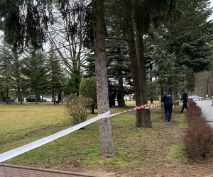 policjanci między drzewami i słupkami rozwijają taśmę koloru biało czerwonego z napisem policja, celem zabezpieczenia miejsca zdarzenia