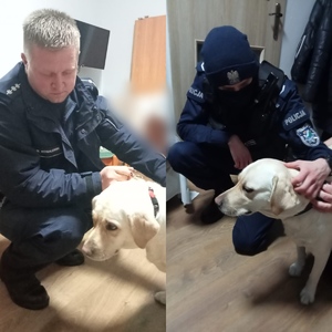 Policjanci z odnalezionym psem przewodnikiem.