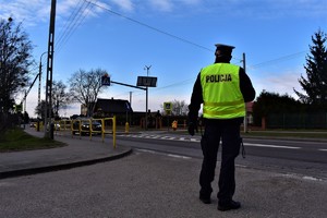 Policjant w rejonie przejścia dla pieszych nadzoruje pracę stopka.